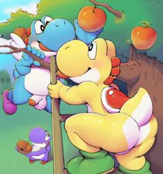 2020 apple ass balls blue_yoshi clothing cloud day flying food footwear fruit genitals group hi_res ladder male male_only mario_(series) nintendo penis plant purple_yoshi scalie smile super_mario_bros. tree video_games wings yellow_yoshi yoshi zi_ran