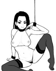 1girls 2020 black_and_white black_hair breasts breasts_out collar legs_spread looking_at_viewer navel nipples panties thighhighs wabaki wrist_cuffs