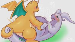 ambiguous_gender belly big_belly blush dialogue dragon dragonite duo female feral feral_on_feral goodra hi_res lying male male/female nintendo on_back pokémon_(species) pokemon pokemon_(species) slightly_chubby text toba2110 video_games wings