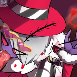 1boy 2girls angel_dust_(hazbin_hotel) clothed clothes clothing cum demon demon_boy demon_girl female_angel_dust female_valentino_(hazbin_hotel) genderswap genderswap_(mtf) hat hazbin_hotel no_pupils oral oral_sex pimp purple_skin red_eyes red_penis red_sclera red_skin rule_63 saliva straight sunglasses sweat sweatdrop unseen_male_face usagi_star valentino_(hazbin_hotel) vivienne_medrano white_hair