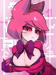 1girls alastor_(hazbin_hotel) alastoria_(hazbin_hotel) belt big_breasts blush blushing_at_viewer bowtie breasts clothed clothed_female clothing demon demon_girl eyelashes eyewear female female_alastor_(hazbin_hotel) female_only half-closed_eyes hazbin_hotel looking_at_viewer monocle red_eyes red_hair red_sclera rule_63 short_hair smooth_skin solo solo_female suit tie usagi_star vivienne_medrano