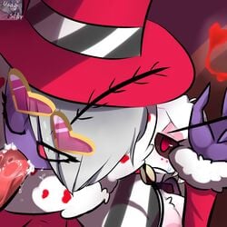 1boy 2girls angel_dust_(hazbin_hotel) clothed clothes clothing cum cum_in_mouth demon demon_boy demon_girl female female_angel_dust female_focus female_valentino_(hazbin_hotel) genderswap genderswap_(mtf) hat hazbin_hotel no_pupils one_eye_closed oral oral_sex pimp purple_skin red_eyes red_penis red_sclera red_skin rule_63 saliva straight sunglasses sweat sweatdrop unseen_male_face usagi_star valentino_(hazbin_hotel) vivienne_medrano white_hair wink winking