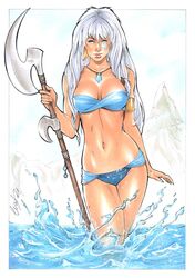 1girls armlet atlantean atlantis:_the_lost_empire belly blue_eyes cleavage dark-skinned_female disney elias_chatzoudis female female_only fit kida large_breasts long_hair looking_at_viewer navel necklace partially_submerged solo standing_in_water voluptuous water weapon white_hair