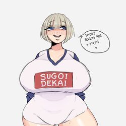 1girls belly big_breasts blue_eyes blush cameltoe clothed curvaceous curvy huge_breasts huge_thighs hyper_breasts kekbun open_mouth shiny_skin short_hair sugoi_dekai thick_thighs tight_clothing uzaki-chan_wa_asobitai! uzaki_hana wide_hips