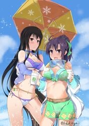 2girls bikini black_hair blush cleavage cup fir_(fire_emblem) fire_emblem fire_emblem:_the_binding_blade fire_emblem:_the_blazing_blade hidukitigaii hizukichi_(windplay) jacket karla_(fire_emblem) looking_at_viewer milf mother_and_daughter nintendo ponytail purple_hair smile swimming_goggles wholesome