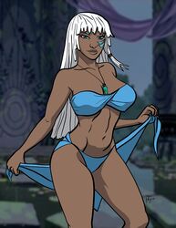 1girls atlantis:_the_lost_empire belly blue_eyes cleavage dark-skinned_female disney female kida large_breasts loincloth long_hair navel necklace taynor_hook thick_thighs undressing white_hair