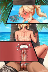 against_tree back backboob beach blonde_hair boots breasts censored cowgirl_position cum cum_in_pussy cum_in_uterus cum_inside cum_overflow english_text fang fate/apocrypha fate_(series) female filled foxy_rain_(foxyreine) foxyrain_(foxyreine) foxyreine green_eyes happy_female heart heart-shaped_pupils heart_eyes horny_female impregnation male mordred_(fate) mordred_(swimsuit_rider) palm_tree ponytail sex shagging short_hair sitting stealth_sex summer tan_markings tanline tanned tanned_skin text tomboy tongue tongue_out tree twitching vaginal_penetration water