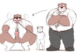 12beat13 2019 anthro balls belly bigsub blindfold blush bottomwear closed_eyes clothing cubdom duo erection genitals male male_only mammal overweight overweight_male pants penis shirt simple_background size_difference small_dom_big_sub tongue tongue_out topwear ursid white_background