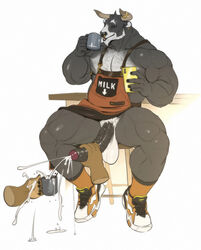 1boy 1other 2020 anthro apron apron_only balls ballsack beard beverage biceps big_muscles body_hair bovine cattle cellphone chest_hair closed_eyes clothing coffee coffee_mug cum cum_in_a_cup cum_in_coffee cum_splatter dangling_testicles disembodied_hands duo ear_piercing ear_ring ejaculation erection facial_hair facial_piercing footwear foreskin furniture genitals grey_body handjob horn_ring horns huge_penis humanoid_genitalia humanoid_penis intact large_penis long_penis low_hanging_balls male male_nipples male_only male_pubic_hair mammal masculine mature_male mostly_nude mr_chocolate_eclaire muscles muscular_anthro muscular_male nesskain nipple_piercing nipple_ring nose_piercing nose_ring partially_retracted_foreskin pecs penile penis phone piercing pubes quads scrotum septum_piercing sex shoes simple_background sitting smartphone socks stool table testicles text text_on_apron text_on_clothing thick_thighs uncut vein veiny_penis white_background