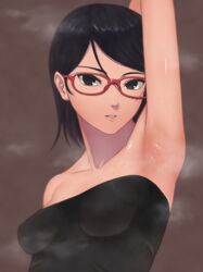 1girls arm_up armpit_fetish armpits bangs bare_shoulders black_eyes black_hair boruto:_naruto_next_generations breasts brown_background clothing collarbone dress eyewear female female_only glasses looking_at_viewer miru_(wvjc7832) naruto naruto_(series) sarada_uchiha short_hair sleeveless sleeveless_dress small_breasts solo strapless strapless_dress sweat sweatdrop sweating_profusely tubetop upper_body