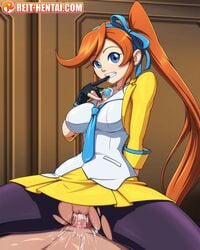 1boy 1girls 4:3 athena_cykes big_breasts biting_finger blouse blue_eyes clenched_teeth cowgirl_position cum cum_in_pussy cum_inside deep_penetration faceless_male female ginger gloves gyakuten_saiban light_skin long_hair looking_at_viewer necklace open_legs orange_hair ponytail pov pussy pussy_juice reit ribbon riding sex simple_background skirt skirt_up smile teenager thighhighs tight_pussy torn_clothes torn_pantyhose vaginal_penetration watermark wet wet_pussy