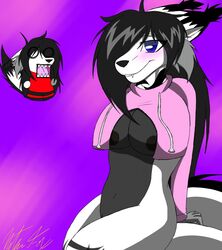 anthro black_body black_fur black_hair blue_eyes blush breasts canid canine clothing fangs female fox fur greendayfox hair hi_res mammal meme meme_clothing multicolored_body multicolored_fur nipples open_mouth simple_background smile solo sweater topwear two_tone_body two_tone_fur virgin_killer_sweater white_body white_fur