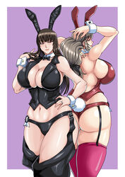 2girls animal_ears blush breasts brown_hair bunny_ears bunnysuit curvy detached_sleeves eyebrows_visible_through_hair female girls_und_panzer holding_hands huge_breasts large_breasts long_hair looking_at_viewer mature mature_female mifune_seijirou milf mother multiple_girls nipples nishizumi_shiho shimada_chiyo silver_hair standing thick_thighs thighhighs thighs voluptuous