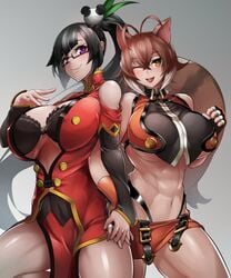 2girls big_breasts blazblue clothed_female female/female female_focus female_only hand_holding litchi_faye_ling long_hair makoto_nanaya short_hair sowel_(sk3) yuri