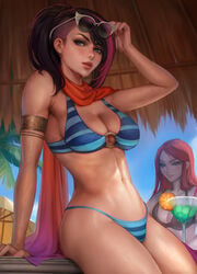 bar big_breasts bikini bikini_bottom bikini_top black_hair blue_eyes breasts cleavage clothed clothing fiora_laurent katarina_du_couteau kittew league_of_legends multicolored_hair pool_party_fiora pool_party_series scarf summer sunglasses sunglasses_on_head toned toned_female tropical