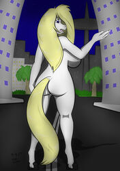 anna_(sailoranna) anthro ass barely_visible_genitalia barely_visible_pussy big_breasts blonde_hair blue_eyes breasts building city dock equid equine female fur genitals hair hi_res hooves horse long_hair mammal night nude open_mouth pussy rear_view sailoranna solo white_body white_fur