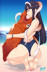 1futa animal ass backsack balls beach beast_ black_hair cock-tail crotchless erection feral futa_on_feral futa_only futa_sans_pussy futanari half-closed_eyes human kissing large_ass long_hair one-piece_swimsuit pale_skin panties peakjump penis penis_out squatting squid swimsuit taint testicles tongue tongue_out wide_hips zoophilia