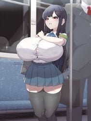 armband big_breasts black_hair blush breasts brown_eyes button_gap cleavage dark_hair female huge_breasts long_hair magister_(bigbakunyuu) school_uniform schoolgirl thick_thighs thighhighs train