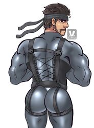 1boy aledraws19 ass back_muscles back_view bandana bara bara_ass barazoku beard biceps big_ass big_ass_(male) big_butt bodysuit brown_eyes brown_hair bubble_ass bubble_butt clothed clothing facial_hair fat_ass fat_butt headband huge_ass huge_butt human human_only large_ass large_butt looking_at_viewer looking_back male male_focus male_only massive_ass massive_butt metal_gear_solid moustache muscle muscles muscular muscular_male plump_ass plump_butt round_ass round_butt simple_background solid_snake solo solo_focus solo_male standing thick_ass thick_butt tight_bodysuit tight_clothes tight_clothing watermark white_background