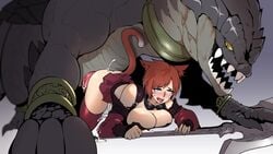 bestiality cum doggy_style dracophilia dragon drake ejaculation final_fantasy final_fantasy_xiv lizard magnifire maya_hyoudou microskirt miqo'te red_hair reptile size_difference skirt stockings zoophilia