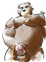 1boy 2020 41raco anthro balls belly bodily_fluids brown_body brown_fur fur genital_fluids genitals hi_res humanoid_hands juuichi_mikazuki kemono kirupi male male_only mammal moobs morenatsu nipples overweight overweight_anthro overweight_male peeing penis shirako simple_background solo urine ursid video_games visual_novel white_background