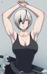 armpits chainsaw_man cleavage count_kristo emotionless expressionless eye_patch hands_up looking_at_viewer muscular muscular_female quanxi_(chainsaw_man) tank_top tomboy white_hair