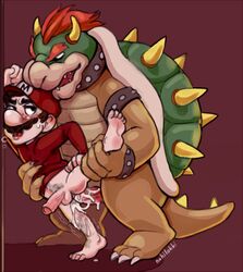 2boys against_wall anal anal_sex anthro anthro_on_human anus barefoot blue_eyes bottomless bowser brown_hair color cum cum_in_ass cum_inside cum_on_penis feet full_body gay hairy hat headgear horns interspecies koopa looking_at_another looking_back male male_only mario mario_(series) moustache multiple_boys nintendo nokilokki one_leg_up open_mouth penis red_background red_shirt scalie shell shirt simple_background size_difference smaller_male spread_legs standing testicles yaoi