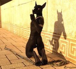 3d anthro anubian_jackal backsack balls balls_visible_through_thighs black_body black_fur black_skin canid canine canis clothing egyptian_mythology fur genitals hi_res jackal male male_only mammal middle_eastern_mythology mythology pawpads paws shadow shawoo solo teasing yellow_eyes