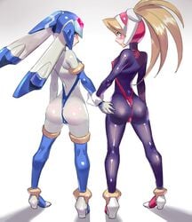 2girls adapted_costume arched_back ass blonde_hair blue_eyes blush bodysuit boots capcom ciel_(mega_man) erect_nipples fairy_leviathan female female_only from_behind full_body gloves helmet high_heel_boots high_heels high_ponytail huge_ass inti_creates legs_apart long_hair looking_at_viewer looking_back mega_man mega_man_zero multiple_girls ponytail rockman rockman_zero shadow shiny shiny_clothes shoes sling_bikini slingshot_swimsuit spandex standing swimsuit thigh_boots thighhighs thong ukimukai white_bodysuit white_gloves wrist_grab