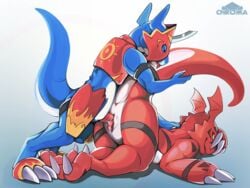 2boys animal_genitalia anthro anthro_penetrated blue_body blue_skin bodily_fluids chromamancer claws clothing crest_of_courage crests_(digimon) cum_in_slit digimon digimon_(species) duo erection flamedramon gay genitals guilmon hi_res male male/male male_only male_penetrated male_penetrating male_penetrating_male markings penetration penis reptile scalie sex slit slit_penetration slit_play slit_sex smile tongue tongue_out yaoi