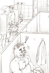 2020 anthro bathroom belly botan_akagane chuukichi_(morenatsu) clothing dragon eyewear glasses group hi_res human inside kemono kounfuyu male male_focus male_only mammal moobs morenatsu murid murine nipples overweight overweight_male rat rodent shirt suid suina sus_(pig) tatsuki_(morenatsu) topwear video_games visual_novel wild_boar