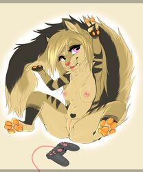 anthro anus ass breasts chibi clitoris controller cougar dipstick_ears facial_piercing felid feline female fluffy fur game_controller genitals hair heterochromia hi_res holding_tail lip_piercing mammal multicolored_ears nipple_piercing nipples nose_piercing orange_pawpads pawpads piercing pink_eyes pussy sitting solo spread_legs spreading tan_body tan_fur tan_hair tsukiko_hanako_(character) xredpandax_(artist) yellow_eyes