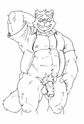 2020 anthro balls canid canine clothed clothing eyewear flaccid genitals glasses hi_res humanoid_genitalia humanoid_hands humanoid_penis kemono kounfuyu kounosuke_(morenatsu) male male_only mammal morenatsu musclegut open_clothing open_shirt open_topwear overweight overweight_anthro overweight_male penis pubes raccoon_dog shirt simple_background solo tanuki topwear video_games visual_novel white_background