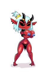 2019 arms_folded barefoot black_nails black_sclera blue_hair blue_nipples breasts collar crown drshanks24 ear_piercing hobgoblin horn loincloth long_ears navel nipples princess red_skin topless white_background