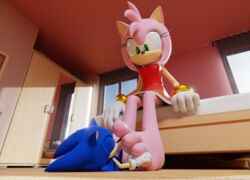 3d amy_rose anthro barefoot bedroom bodily_fluids cum duo feet feetymcfoot female foot_fetish foot_play footjob genital_fluids genitals hi_res larger_female male penis sex size_difference smaller_male sonic_(series) sonic_the_hedgehog straight