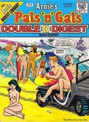 2boys 6+girls 8girls alias_the_rat archie_andrews archie_comics black_hair blonde_hair breasts brown_hair curly_hair ginger_hair holding_object jughead_jones leaping long_hair naked nude_beach running sand seashell sitting standing surf's_up surfboard surfing vehicle veronica_lodge