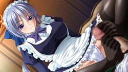 blush bowtie braid breasts censored clothing feet female footjob game_cg grey_hair highres large_breasts legs long_hair looking_down lying maid maid_headdress mizushima_oonari no_shoes panties penis purple_eyes sitting smile stockings thighhighs thighs toe_socks toes underwear yakata:_kannou_kitan