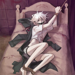 1boy ball_gag color colored danganronpa danganronpa_2:_goodbye_despair gag gagged looking_at_viewer male male_only nagito_komaeda on_bed on_side shirt_lift shirt_up solo solo_focus solo_male straight_hair tied_hands tied_legs tied_up underwear white_hair yndr4hope