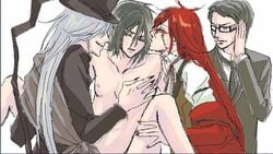 4boys black_hair clothed_on_nude foursome gay glasses grell_sutcliff kuroshitsuji male male_only multiple_boys nude red_hair sebastian_michaelis suit undertaker_(kuroshitsuji) white_hair william_t_spear yaoi