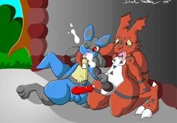 anthro avianpictures crossover cum dark_feather digimon gay guilmon interspecies lucario male male_only nintendo nude penis pokemon pokemon_(species) tagme