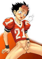 bar_censor censored erection eyeshield_21 football football_gear football_jersey football_player football_uniform jock kobayakawa_sena male_only masturbation open_mouth penis tagme testicles