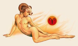 aries aries_(zodiac) barefoot constellation horns jahi jewelry lips long_nose male male_only muscle navel necklace nipples nude original pendant personification ram sheep sheepboy soft_shading solo tan white_hair yuni zodiac