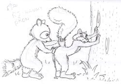 2006 2boys against_tree anal anal_insertion anthro dreamworks furry gay grabbing_tail hammy_(over_the_hedge) interspecies looking_back_at_partner male male/male male_only mammal midnite_(artist) outdoors outside over_the_hedge paramount_pictures raccoon rj_(over_the_hedge) rodent squirrel tagme tail_grabbing tree yaoi