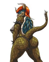 1girls anthro armband ass bangs bikini_armor bowser chains curvy dragon_girl eye_contact fangs female female_bowser genderswap giga_bowser half-closed_eyes huge_breasts large_ass lizard long_hair looking_at_viewer looking_back mario_(series) monster monster_girl nintendo oniontrain orange_eyes orange_hair perky_breasts pose presenting raised_tail rule_63 scales scalie sharp_teeth sideboob smile spiked_armband spiked_bracelet spiked_tail straight_hair super_smash_bros. thigh_gap thighs thong