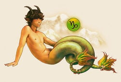 capricorn capricorn_(zodiac) constellation cute_male goat_horns horns jahi jewelry lamia male male_only merman naga personification pubic_hair reptile ring rings snake soft_shading solo stomach_hair tan yuni zodiac