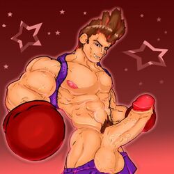 abs bara boxing_gloves brown_hair color erection gloves hair hitmonchan humanized male male_only muscle nintendo penis pokemon pokemon_(species) solo tagme testicles