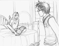 1girls bed book breasts female gryffindor harry_james_potter harry_potter luna_lovegood magazine male monochrome nipples nude_female nude_female_clothed_male panties panties_only pencil_(artwork) ravenclaw reading school_clothes school_uniform sketch straight surprised sweater_vest tagme underwear unknown_artist witch_(harry_potter)