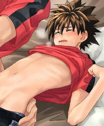 2boys blush closed_eyes eyeshield_21 gay kobayakawa_sena male male_only multiple_boys panting shirt_lift tears undressing yaoi