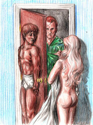 1girls artist_request ass background bill_weasley blanket blonde_hair boxers caught completely_nude covering_with_blanket doorway female gryffindor harry_potter harry_potter_and_the_cursed_child hiding holding_blanket holding_object hufflepuff light-skinned_female light-skinned_male light_skin long_hair male naked naked_female nude nude_female rear_view red_hair shirtless short_hair standing straight tagme teddy_lupin topless topless_male underwear victoire_weasley walk-in witch_(harry_potter)