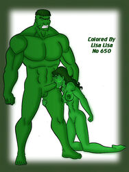 1boy 1girls big_breasts blowjob breasts cousins cum cum_on_breasts cum_on_face female green_hair green_skin hulk hulk_(series) incest lisa_lisa_(artist) male male/female marvel marvel_comics muscular_male nipples nude on_knees she-hulk straight tulio